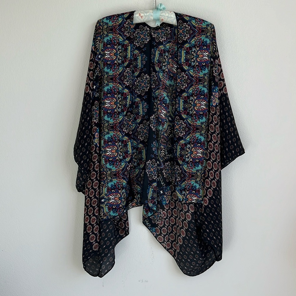 Black and Blue Paisley Open Front Kimono Cardigan